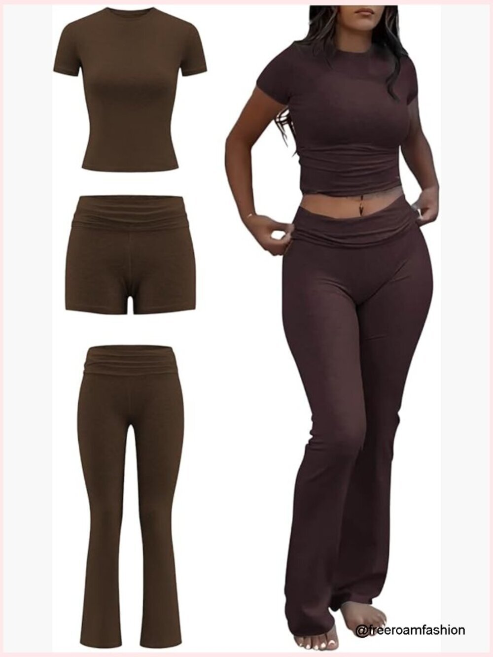 3-Piece Workout Set: Crop Top, Bike Shorts, Flare Pants